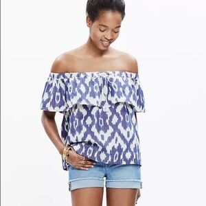 Madewell off the shoulder balcony blouse ikat bohemian indigo blue top shirt